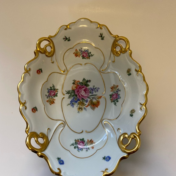 Vintage JLMeneau Graf Von Henneberg Floral & Gold Centerpiece Bowl 12" Long - Picture 7 of 16